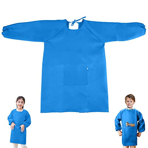 XLZJYIJ Malerkittel Kinder, Bastelschürze für Kinder, Malschürze Kinder 8-11 Jahre, Kinder Schürzen mit Tasche, Kochschürze Kinder für Schule Kunst Malerei, Kochen, Größe L(Blau) Cover