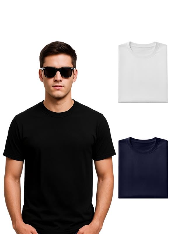 Image of Veirdo 100% Pure Cotton Regular Fit Half Sleeve Solid Core Round Neck Multicolor T-Shirt Combo for Men (Pack of 3)