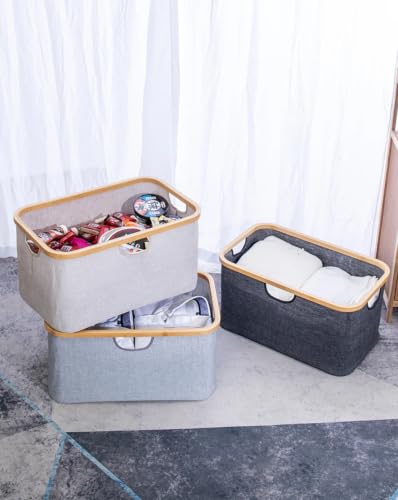 Collapsible Laundry Hamper with Bamboo Rim, Large Oxford Fabric Clothes Storage Basket with Side Handles, Foldable Organizer Bin for Bedroom Bathroom Dorm, Gray Beige Black Available - Image 5