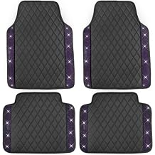 Universal Car Floor Mats,Faux Black Leather with Purple Diamond Carpet Glitter Crystal Rhinestones All Weather Waterproof Auto Liners Foot Pads Set