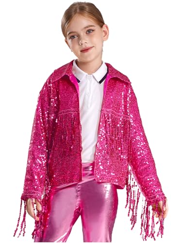 Kids Girls Fringed Sequin Dance Jacket Long Sleeve Coat Cardigan Birthday Party Performance Tops Outerwear