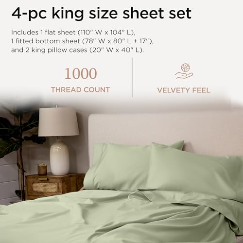 Threadmill Supima Cotton Sheets - 1000 Thread Count King Size Bed Sheets, 4 Pc Sage Green Hotel Quality Set