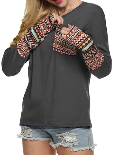 POGTMM Woman Autumn Long Sleeve Crew Neck Patchwork Casual Pullover Shirts Fall Tops(XL, Gray) - Thumbnail 4