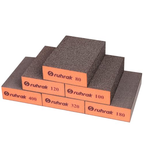 Sruhrak Sanding Block 6 Pieces Hard Sanding Sponges, 80/100/120/180/320/400 Grits Wet Dry Reusable Sanding Pads for Wood, Plastic, Drywall and Metal Polis