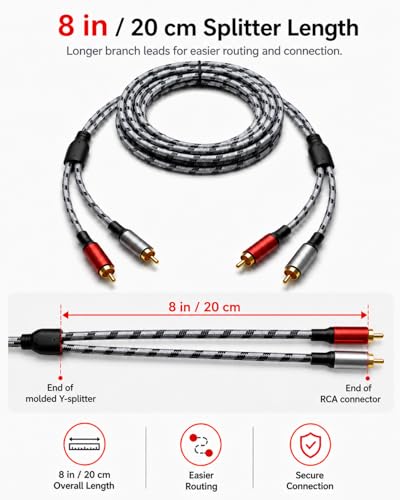 SNANSHI RCA Cables 5ft, 2 RCA Male to 2 RCA Male Stereo Audio Cable, Nylon Braided Dual Shielded with Gold-Plated Connectors for Amplifier, Receiver, Speaker, Home Theater