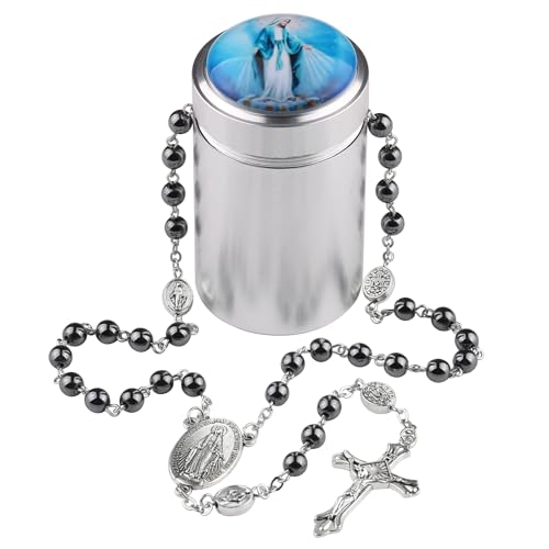 HanlinCC 6mm Black Hematite Stone Beads Miraculous, Lourdes, Guadalupe, St.Michael, Scared Heart Jesus Catholic Rosary Necklace with Metal Gift Box for Men and Women