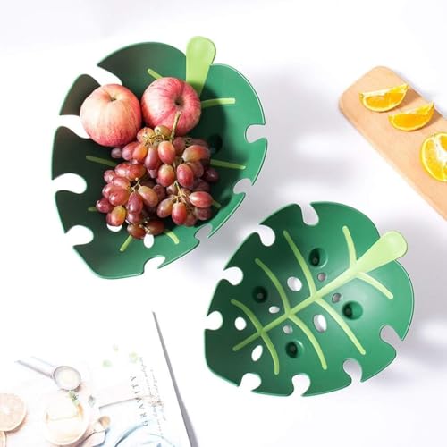 Image of Leaf Wash N Fruit Basket Green Plastic Leaf Shape Strainer Serving Bowl | Multipurpose Fruit & Vegetable Washer, Storage Decorative Tray | Space-Saving Stackable Design, 34x27x11 cm