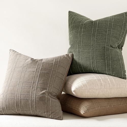 Image of MIULEE Decorative Linen Check Throw Pillow Covers Neutral Farmhouse Vintage Pillow Covers 20x20 Set of 2 Boho Modern Winter Home Decor for Sofa Couch Bedroom Cushion Tan Taupe