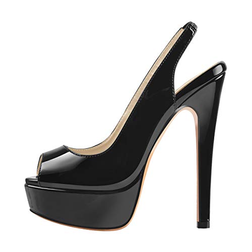 blingqueen Peep Toe Slingback Platform Pumps Slip On Stilettos Metallic Pumps Sexy 6.3 Inch Heels for Women Platform Sandals Backless Open Toe Heels Black Heels Wedding Party Shoes Size 8