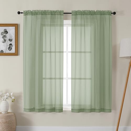 Gwine Sage Green Sheer Curtains 63 Inch Length 2 Panels for Living Room | Light Filtering, Rod Pocket, Voile, Elegant, Window Curtain Treatment, Sheer Drapes, W42 x L63, Bedroom