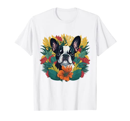 Perro amante sonriente Boston Terrier flores florales para mujer Camiseta
