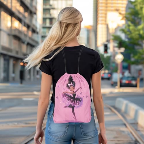 Image of jejeloiu Black American Drawstring Backpack 13x15.7inch Ballet Butterfly Waterproof Gym Drawstring Bags Princess Sports String Backpack Beach Swim Travel Bag Sackpack