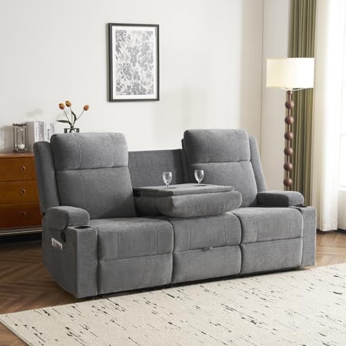 PALLOME Chenille Reclining Sofa 3-Seater with Convertible Table, Storage Ottoman & Cup Holders | Modern Space-Saving Couch, Ergonomic Living Room Furniture (Gray)