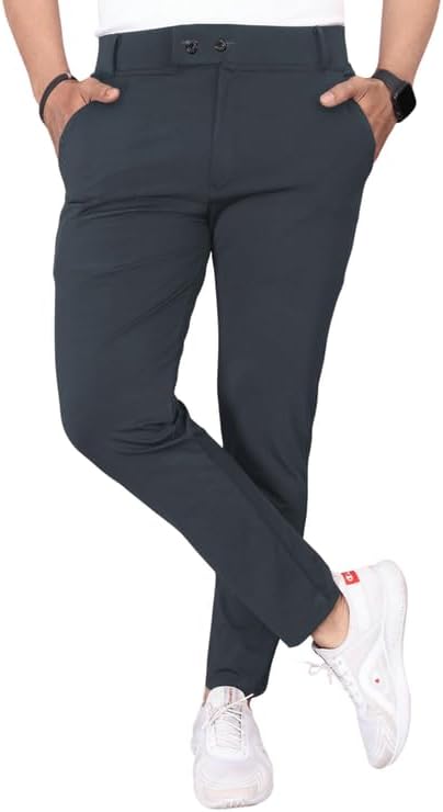 Men's Slim Fit Lycra Blend Trousers | Stretchable Formal Pants with 2-Button Closure | Wrinkle-Resistant, Comfortable Office, Business & Travel Wear