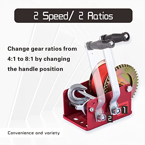 Hand Winch Heavy Duty 3500Lbs With Nylon Strap And Ratchet Handle Hook 2 Gear Manual Crank Towing Winch For Atv Boat Trailer Truck Auto (3500 Red) #TOP2