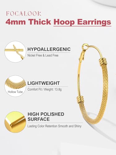 FOCALOOK 14K Gold Hoop Earrings, Lightweight Hypoallergenic Large Stainless Steel Black Hoops for Women 30/40/60/80mm4