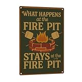 Funny Firepit Metal Sign - 'What Happens at the Firepit' Outdoor Wall Decor for Patio, BBQ, Grill, or Campsite - Great Gift for Campers & Dads - 8' x 12'