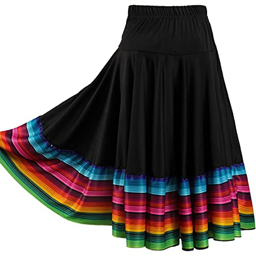 Freebily - Freebily Jupe Danse Flamenco Femme Jupe Plissée Tango Valse Latine Folklorique Mexicaine Femme Long Jupe Danse du Ventre Spectacle Costume De Concours De Salle De Bal 55cm Noir XXL