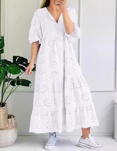 Image of chouyatou Women's Summer Loose Floral Lace Eyelet Dress Boho Casual Notch Neck Maxi Tunic Beach Dress