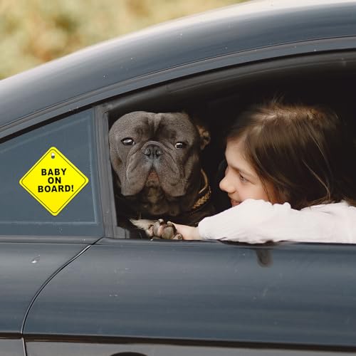 Image of COMNICO Baby on Board Signs for Car, 2 Pcs 5 inchx5 inch Baby on Board Decal Safety Car Sign with Double Suction Cups Bright Yellow Reusable Car Warning Signs Durable Baby on Board Sticker for Car