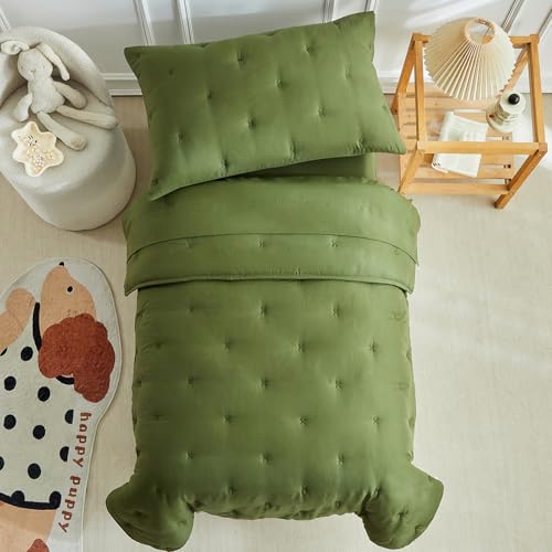 Image of DuShow 4 Pieces Toddler Bedding Set,Embroidery Crib Comforter Set for Boys Includes Toddler Bed Comforter,Fitted Sheet,Flat Sheet and Envelope Pillowcase,Soft Toddler Bed Sheet Set-Olive Green