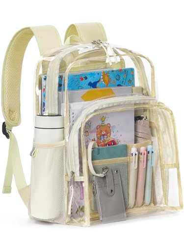 Image of Clear Backpack for School, 17 inch Large Heavy Duty-TPU See Through Bookbag for Boys Girls and Adult, Transparent Backpack With Multi-Pockets for College Work Gym Sport, Beige