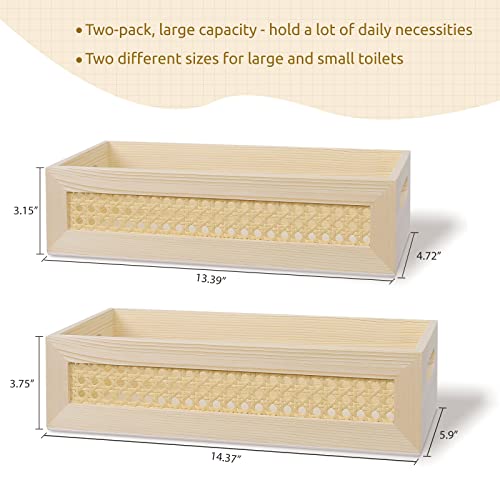 2 Pack Toilet Tray, Wood Toilet Paper Storage, Rustic Farmhouse Woven Toilet Paper Holder Basket, Tissue Holder Organizer Box Basket For Toilet Tank Bathroom Kitchen Counter, Natural #TOP5