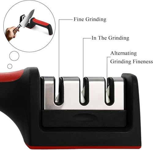 Image of WELLUCK Knife Sharpener Manual 3 Stage Knives Sharpner Tool Advanced Knife Sharpener for Kitchen Knife Sharpner Knives Sharpening Tool for Steel Knives (Red-Black)