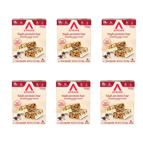 Image of Atkins Blueberry Greek Yogurt Flavor High Protein Bar, 24 Count | 15g Protein, 3g Sugar, 5g Net Carb, Rich in Fiber, 6 Packs of 4 Count Bars, Individually Wrapped 1.69oz Bars