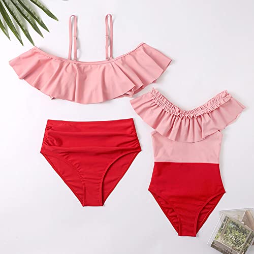 Madre Hija Bikinis Traje Baño,Trajes De Baño A Juego Familiares Madre Hija Bikinis Conjuntos De Volantes Rosas Tops De Cintura Alta Fondos De Moda Trajes De Baño Tankini De Dos Piezas, Trajes De B