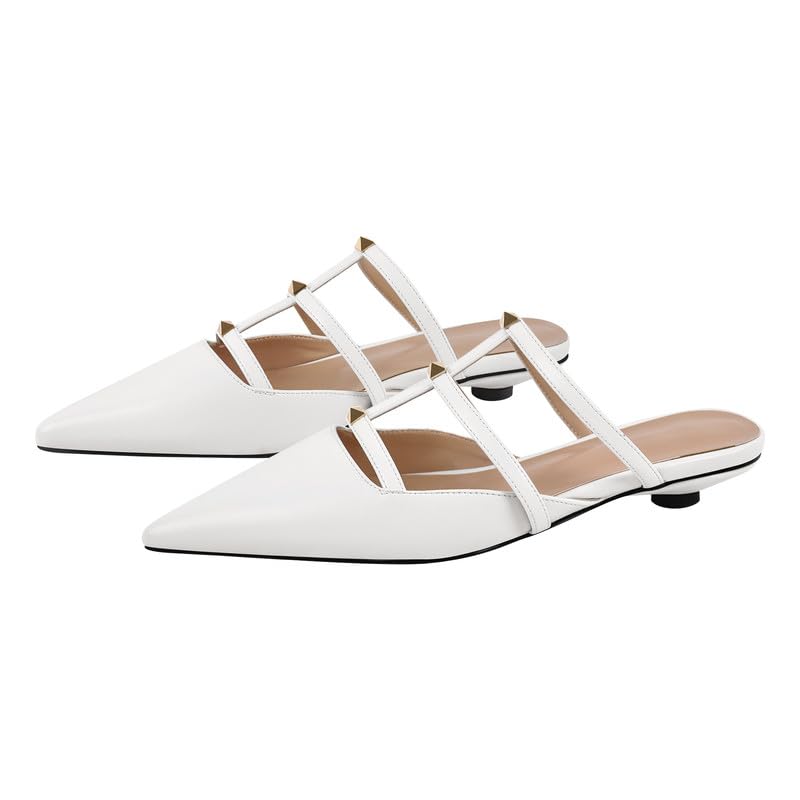 Richealnana Women's Pointed Toe Pull On Kitten Heel Pumps Shoes Slip On T-strap Studded Flat Sandals3