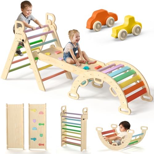 BlueWood Pikler Triangle Set 7in1 Foldable Baby Climbing Toys Wooden Montessori Climbing...