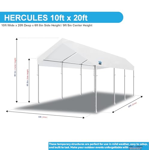 King Canopy Hercules 10-Feet by 20-Feet, 2-Inch Hammertone Steel Frame w/Buttons, 8-Leg, Carport, White