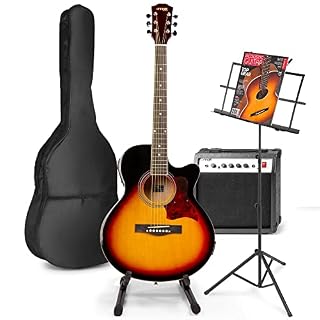 MAX ShowKit Guitare Électrique Acoustique avec Guitare et Pupitre – Sunburst, Idéal pour Débuter la Guitare - Les Beatles, Paul McCartney, John Lennon, RIngo Starr, George Harrison
