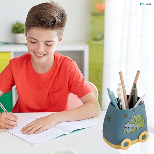 Image of FunBlast Plastic Pen Stand for Study Table, Car Stationary Organizer with Kawaii Stickers, Pen Stand for Kids & Girls, Desk Organizer, Birthday Return Gifts for Kids (Blue)