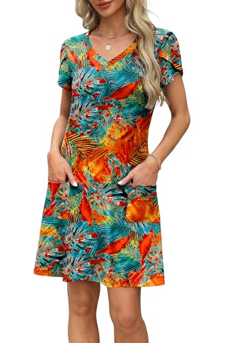 Image of OFEEFAN Womens Summer Dresses 2026 Tulip Petal Short Sleeve V Neck Loose Swing Sundresses with Pockets Plain /Print