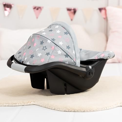Bayer Design 67907AA Puppenautositz EasyGo, Puppensitz, Puppenzubehör, mit Gurt, Dach, verstellbarem Griff, Grau, Sterne