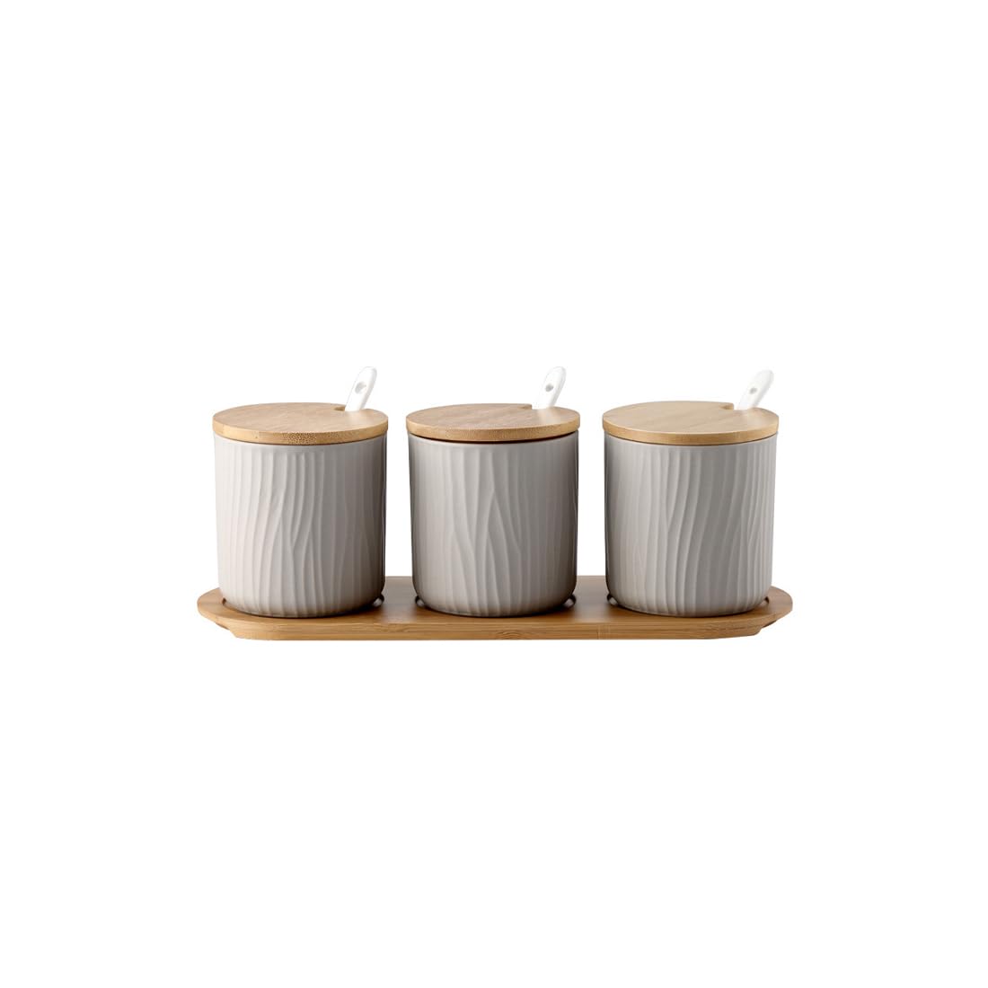 3er Set Keramik Gewürzdosen Zuckerdose Zucker Schüssel mit Löffel Deckel Salzdosen Gewürzgläser Set Vorratsdose Gewürzbehälter mit Holztablett für Tee Zucker Salz Gewürze Zuhause und Küche (B)