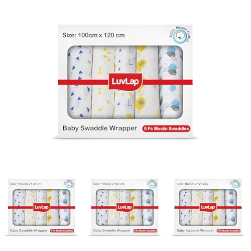 Image of LuvLap 100% Cotton Muslin Baby Swaddle Set, Baby Towel, Size-120cm x 100cm (47 inchx39 inch), Triangles Birds & Balloons Printed on White, Printed Mulmal Muslin Swaddle Wrap for New Born, Pack of 20