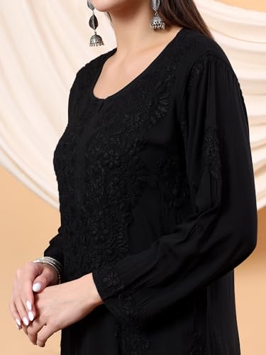 Image of POSHAK CHIKAN STUDIO Women's Hand Embroidered Lucknowi Chikankari Modal Straight Long Kurta, heer