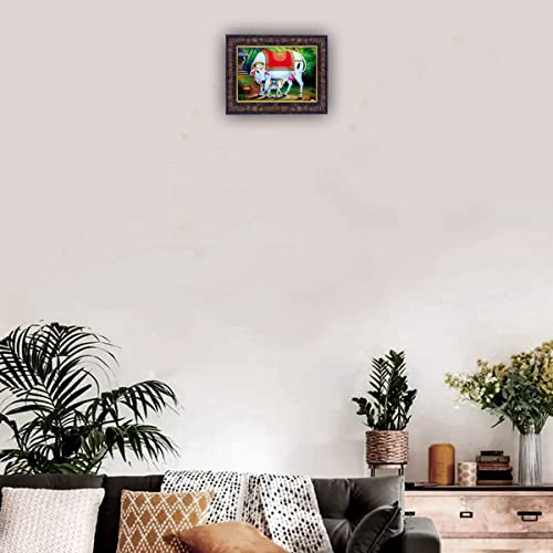 Image of Hawai Holy Kamdhenu Cow with Calf Photo Frame, Size 8.5 x 7 Inch | Engineered Wood Wall Hanging Religious Home Decor | Vastu & Pooja Room Frame for Home Office Shop Temple | SFDI289BLKFRM