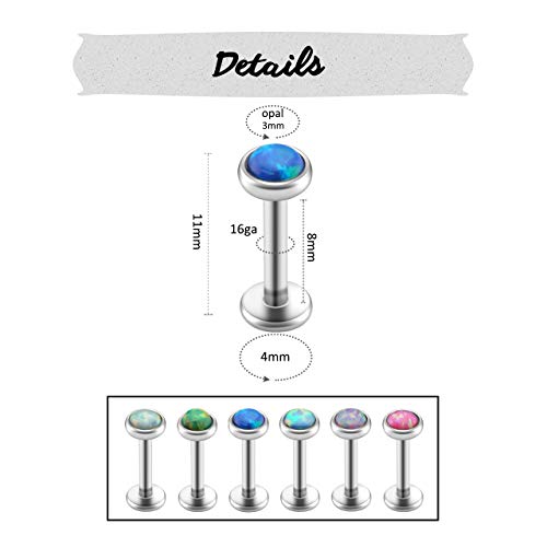 PiercingJ 2-12pcs 16G 316L Stainless Steel Cartilage Tragus Earrings 3mm Round Opal 5/16" Barbell Ear Stud Helix Lip Labret Monroe Earring Birthstone Body Piercing Jewelry3