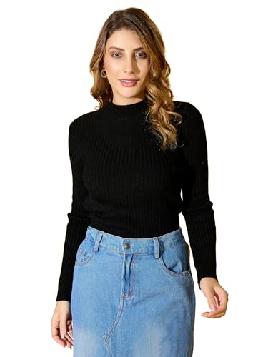 98 Degree Women Acrylic High Neck Sweater Has A Full Sleeve & Straight Hem-AW25AZG1130-BLACK_L