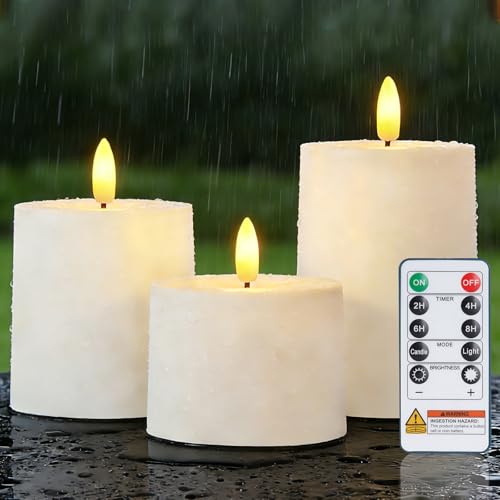 Image of Raycare White Outdoor Waterproof Flameless Candles with Remote and Timer, Realistic LED Candles, Battery Operated Electric Fake Pillar Candles for Porch, Patio, Garden, Set of 3