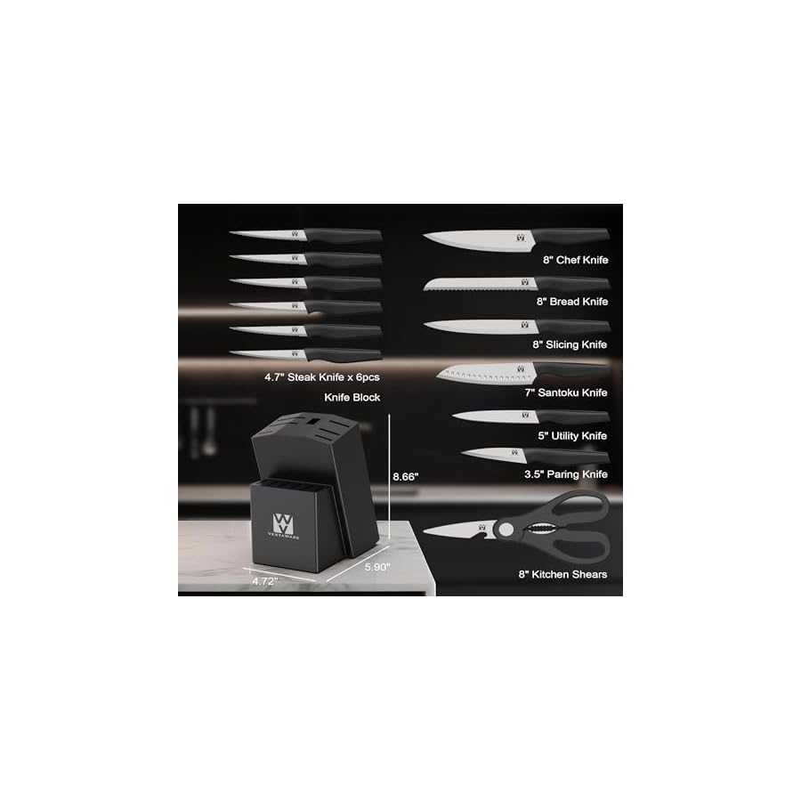 Knife Set, 14 Pcs Kitchen Knife Set with Block, Ultra Sharp Stainless Steel Chef Knife Block Set, Black Knives Set for Kitchen, Anti-slip Ergonomic Handle, Kitchen Essentials, Gifts for Men and Women