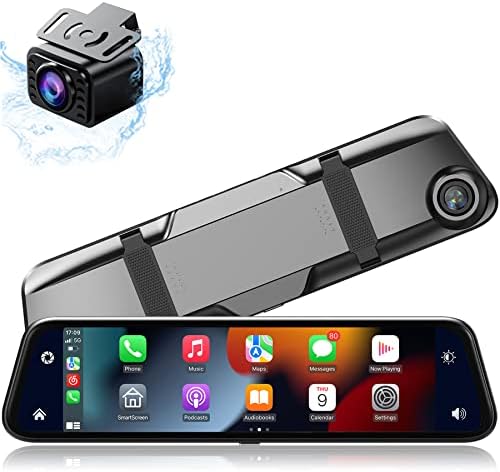 12" Mirror Dash Cam Wireless CarPlay Wireless Android Auto, Dash Cam Front and Rear Backup Camera Rear View Mirror Smart Screen for Cars & Trucks Night Vision, Parking Assistance Dual Cameras+64G Card