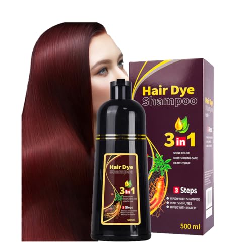 3-in-1 Deep Wine Red Hair Colour Shampoo, Herbal Shampoo to Darken Hair, Fast-Acting Formula, Semi-Permanent Grey Coverage, For Men and Women, Restores Shine (Deep Wine Red)
