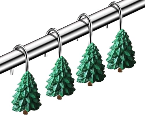 Christmas Tree Shower Curtain Hooks, Festive Holiday Decor, 12 Pack Decorative Hooks for Bathroom, Country Farmhouse Bathroom Accessories Set, Durable and Easy to Install