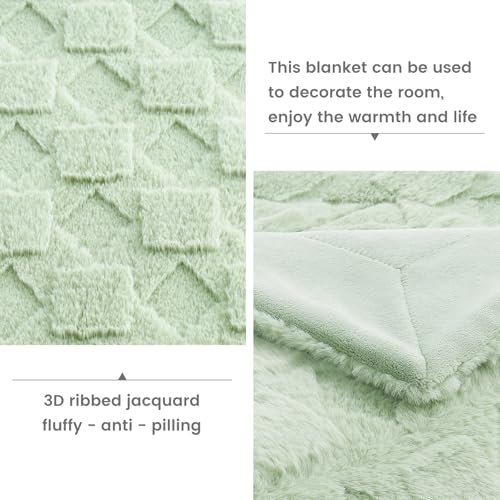 Cozy Bliss Faux Fur Textured Throw Blanket for Couch Super Soft Fuzzy Checkered Bed Blanket Gift for Women Premium 3D Geom Jacquard All Season Use Sage Green 50"*60" image 6