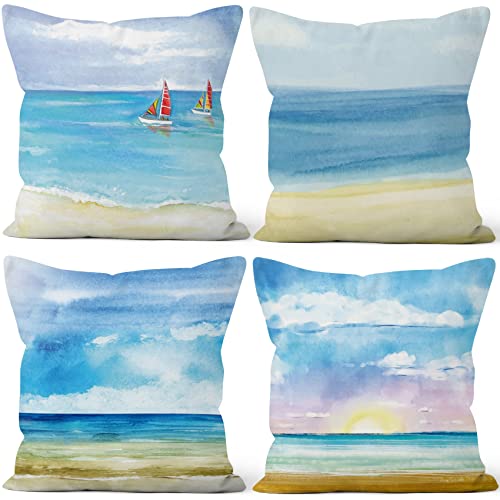 Aoihrraan 50x50cm Juego DE 4 Fundas DE Cojin Verano Amanecer Mar Azul Playa Velero Cuadrado Decorativo Corto Felpa Suave Funda De Almohada Dormitorio Exterior Jardín Canapé Balcón Silla Patio Sofá